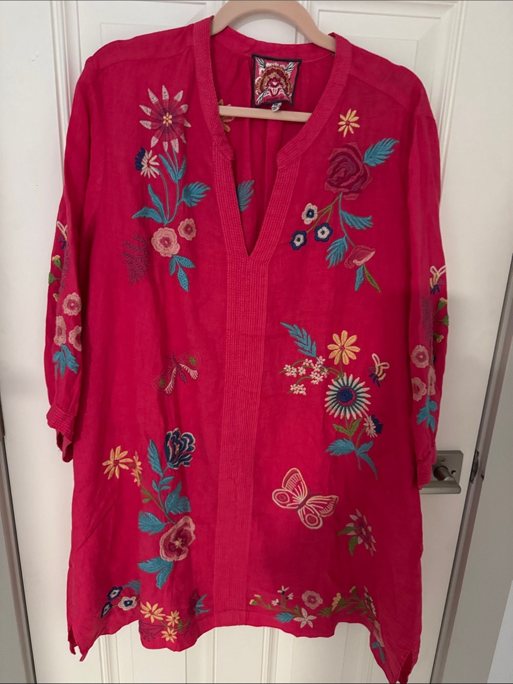 Johnny Was Hot Pink Floral Embroidered Long Sleeve Tunic